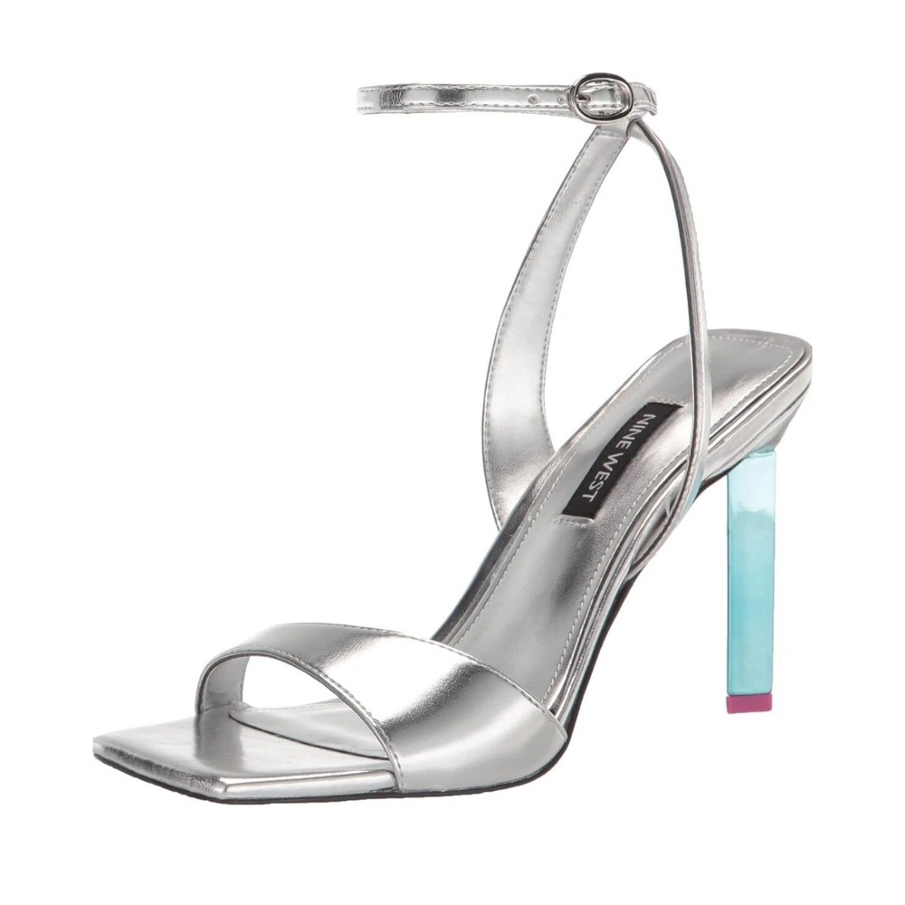 Nine West Silver Metallic Ankle Strap Heels 9.5 | Blue‎ Block Heel Pink Party